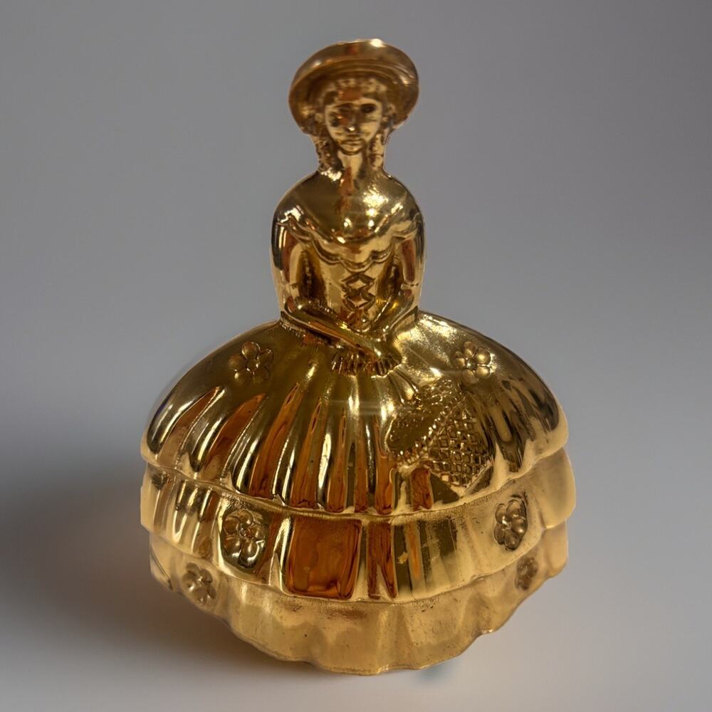 Vtg Antique Solid Brass Woman Hoop Skirt Bonnet Figural Dinner Bell England 3.5”